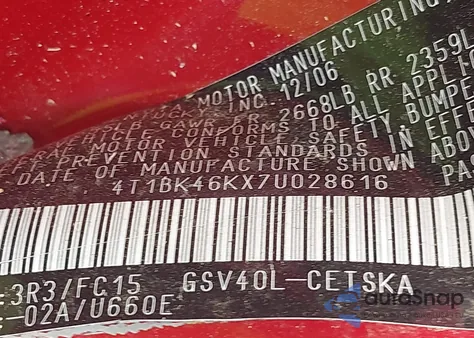 2007 Toyota Camry Se V6 z USA, uszkodzony, nr VIN 4T1BK46KX7U028616